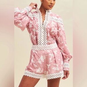 Luxxel Blush and White Lace Detail shorts set.